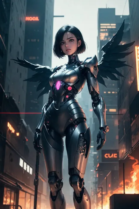 (8k), highly detailed face,masterpiece, pretty girl, gigantic black cyborg wings, wings have neon lights, wings spread,, in tigh...