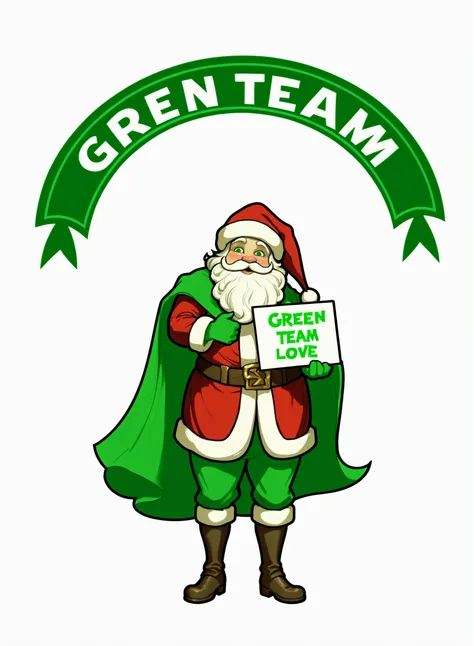 greenteam, solo, Santa holding a sign that says "GREEN TEAM LOVE", art nouveau, animated <lora:AI_Overlord_Santas_-_The_Green_Team_LoRA:1>