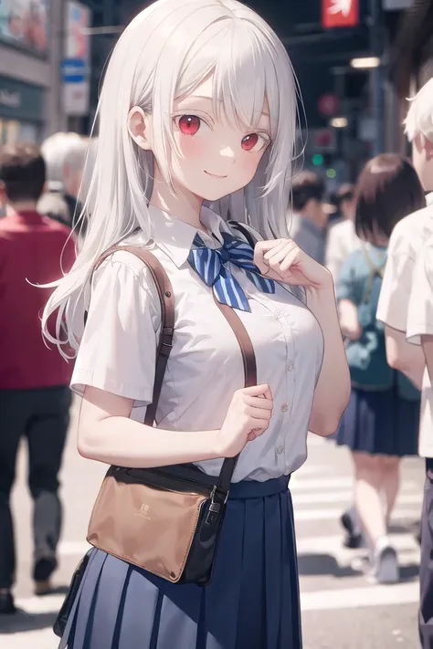 anime girl with white hair and blue skirt standing in a crowded street