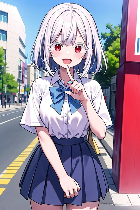 anime girl with white hair and blue skirt standing on street