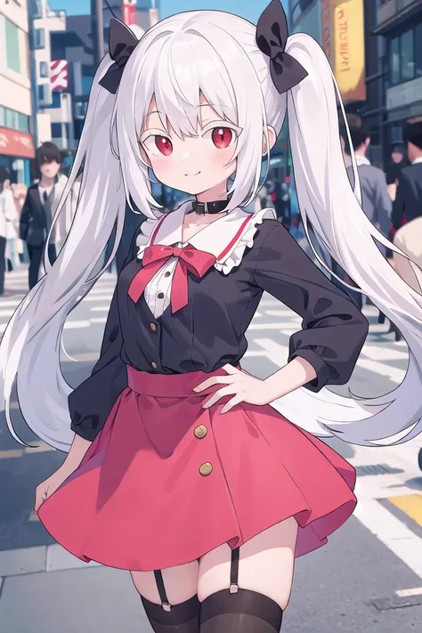 anime girl with long white hair and red eyes in a red dress