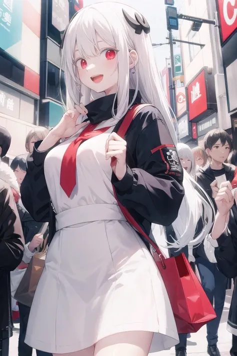 anime girl in a white dress and red eye makeup walking down a street