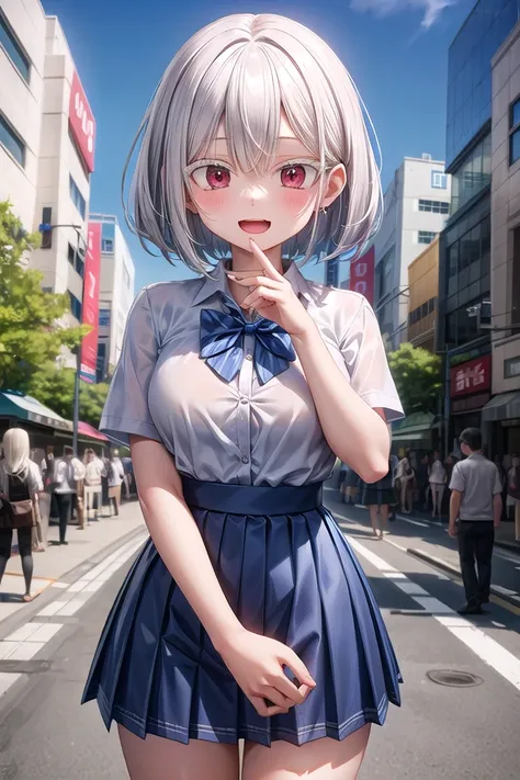 anime girl in a short skirt posing for a picture on a city street