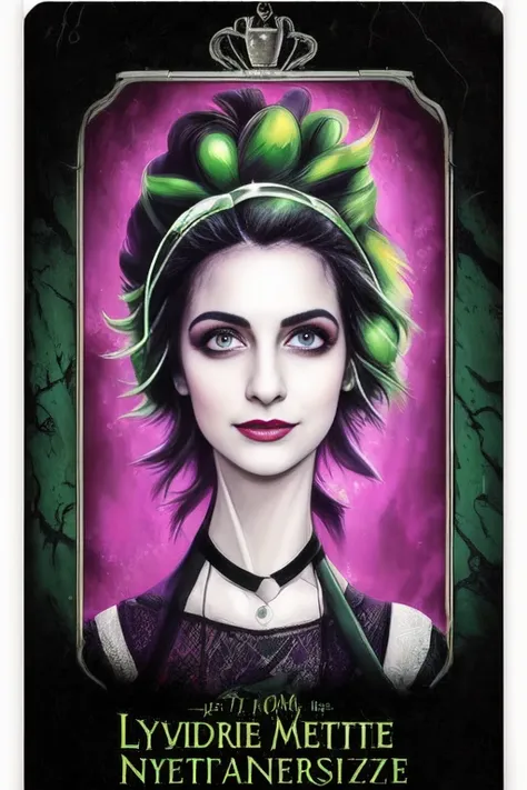 1girl, portrait, tarot card, 80s movie poster, lydia  deetz, elizabeth teeter in beetlejuice,wild neon green hair , trending on ...