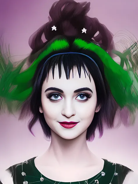 1girl, portrait, lydia  deetz, elizabeth teeter in beetlejuice,wild neon green hair , trending on artstation,  rim lighting, oct...