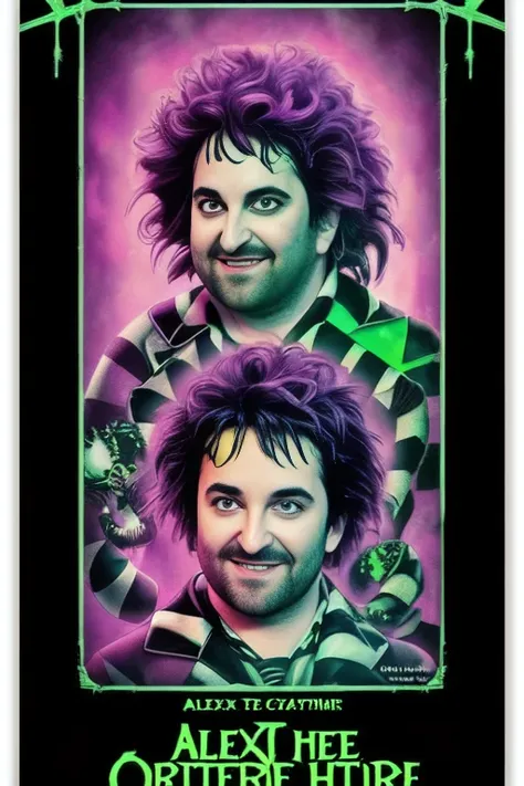 tarot card, 80s movie poster, alex brightman as beetlejuice, male_focus ,wild neon green hair , trending on artstation,  rim lig...