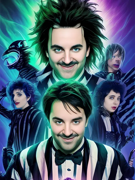 tarot card, 80s movie poster, alex brightman as beetlejuice, male_focus ,wild neon green hair , trending on artstation,  rim lig...