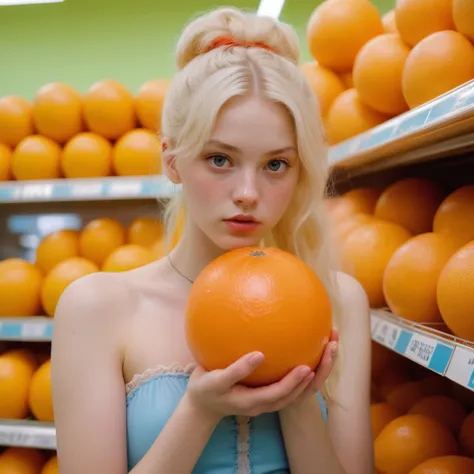 blond woman holding an orange in front of a shelf of oranges