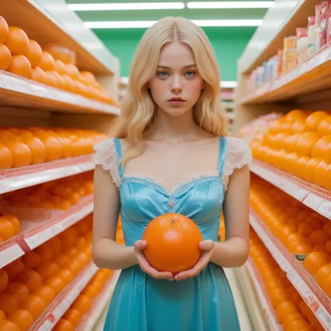 blond woman in blue dress holding orange in supermarket aisle