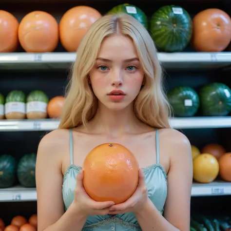 blonde woman holding an orange in front of a shelf of fruit