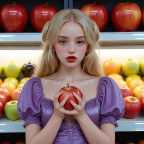 blond woman in purple dress holding an apple in front of a shelf of apples