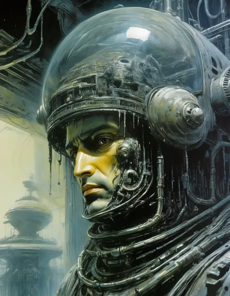 "Close-up, front-facing view of a scavenger, his face reflecting horror, within the chilling confines of a derelict space station. Sharp contrasts, lavishly intricate, drawing from H.R. Giger", surrealism, weird and pissed off, oil on canvas, dry brush, <l...