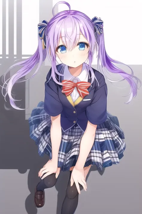 1girl, twintails, purple hair, flat chest, blue eyes, ahoge, school uniform,, masterpiece, best quality,