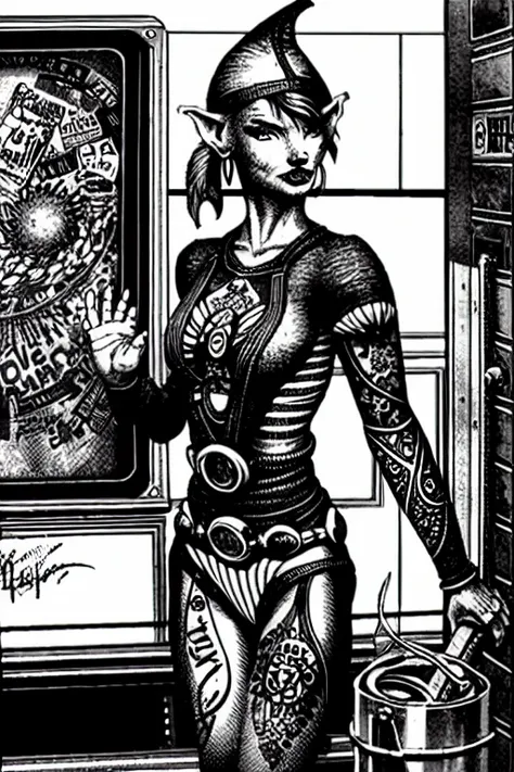 (theoldshadowrunstyles:1.0) a cyber elf and a tattooed woman in a subway