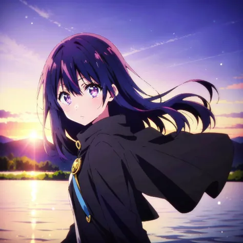 anime girl with long hair and cape standing in front of water