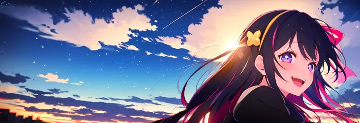 anime girl with long hair and pink hair standing in front of a sunset