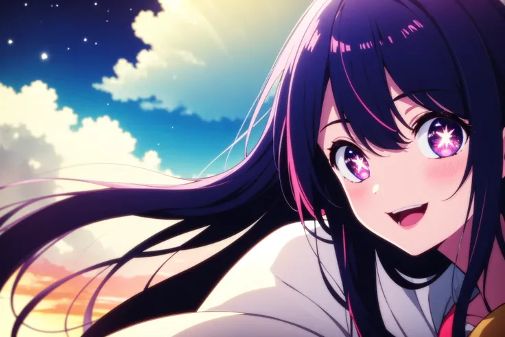 anime girl with long black hair and purple eyes looking at the camera