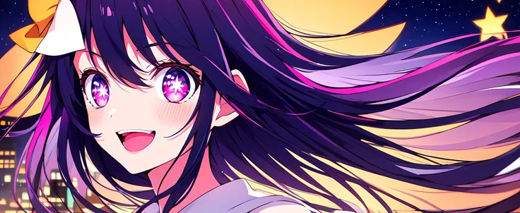 anime girl with long hair and purple eyes in front of a city