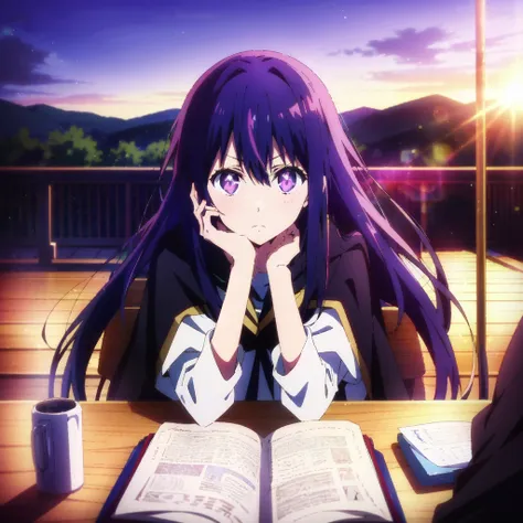 anime girl sitting at a table with a book and a cup of coffee