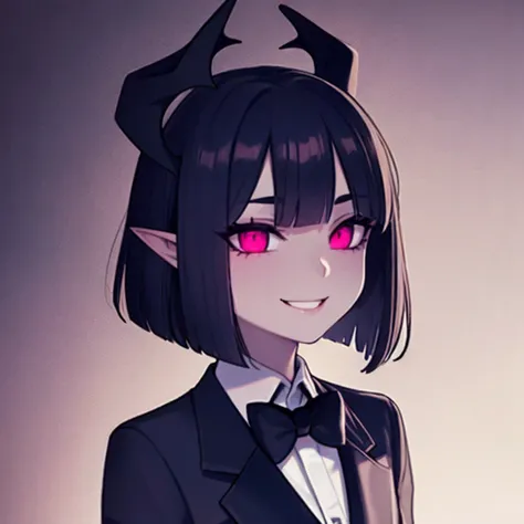 solo mature 1girl, upper body, short hair, bob cut, sexually suggestive,  head_wings, demon_wings, vampire,, seductive smile,  tuxedo, bowtie, brooch,
  <lyco:Faune_v2-000065:1.0> faunesty , flat colors, <lyco:TUX_LoRA_V1:1.0> TUX3D0,