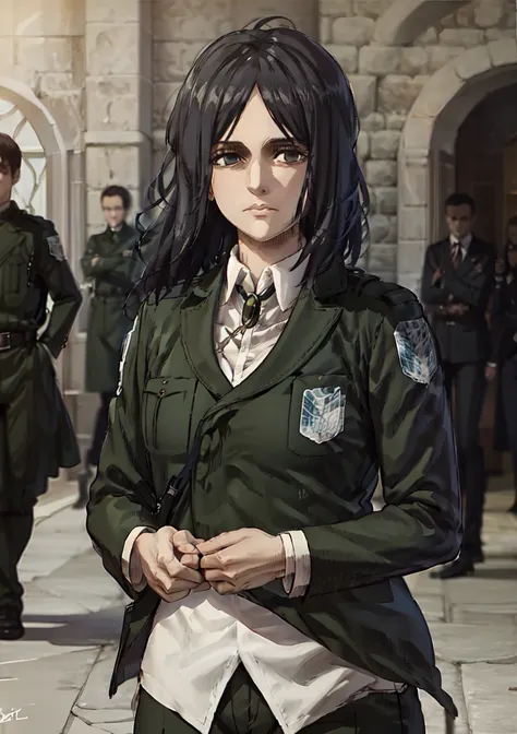 PieckAOT,<lora:pieckAttackOnTitan_v1:1>, looking_at_viewer, jacket, paradis_military_uniform, uniform, emblem, survey_corps_\(emblem\), military, military_uniform, solo_focus, multiple_boys