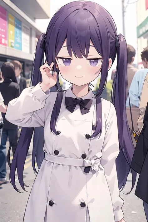 anime girl with long purple hair and a white coat talking on a cell phone