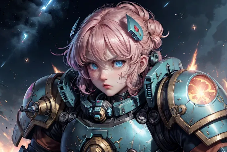 (80s anime style), <lora:KawaiiTech-20:0.65> A highly detailed illustration of a warhammer 40k space marine, face,  wearing DeepPink heavy kawaii power-armor,  battle-worn equipment, 0.5::power-fist grenades, cloak, augmented,  movement, chaplain,   dark d...