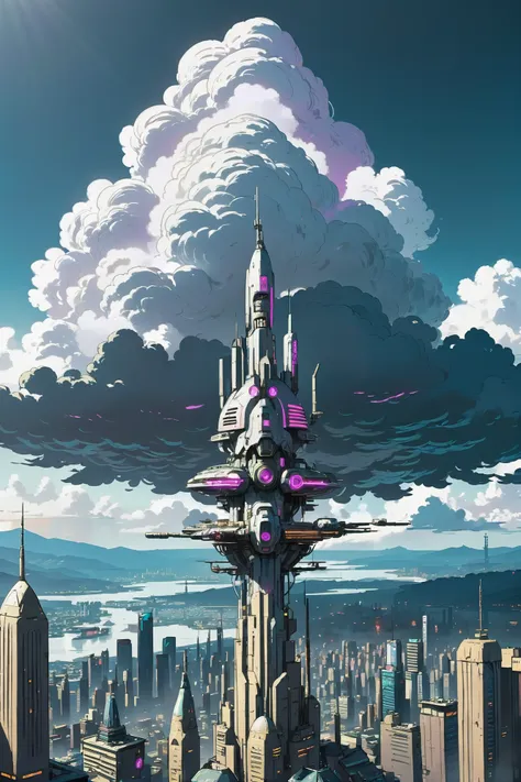 futuristic city with a tower and a huge cloud in the sky