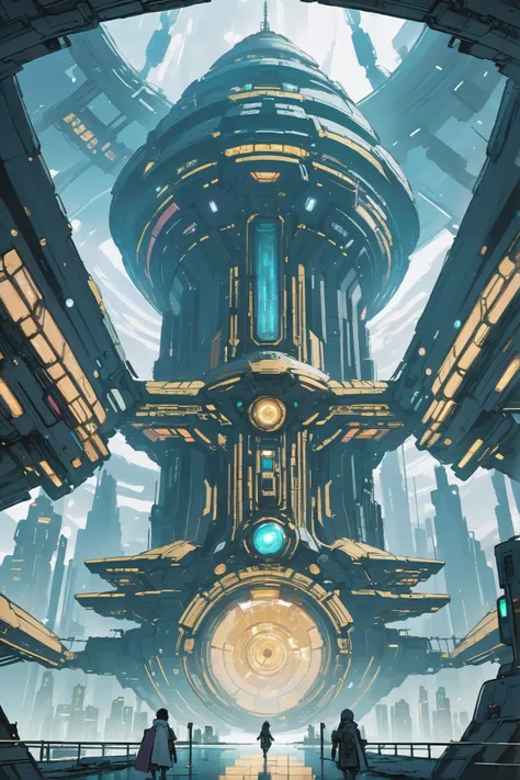 a painting of a futuristic city with a clock tower