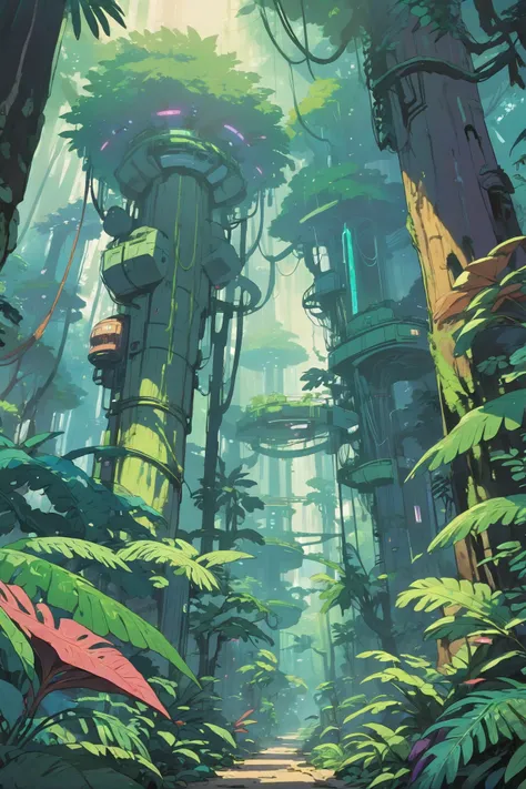 a painting of a forest with tall trees and plants