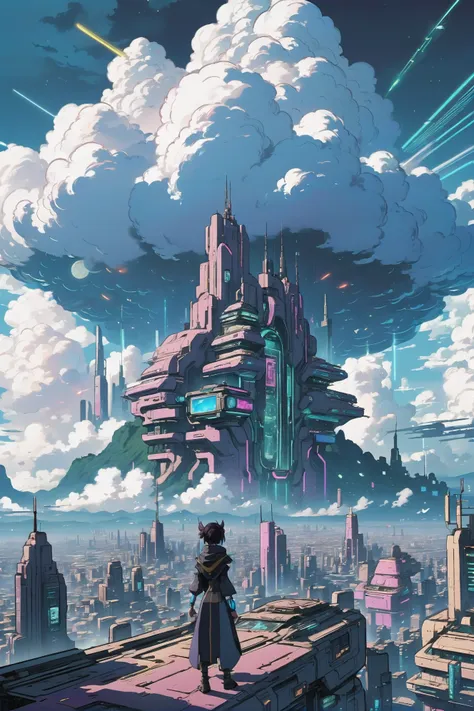 a woman standing on a ledge looking at a futuristic city