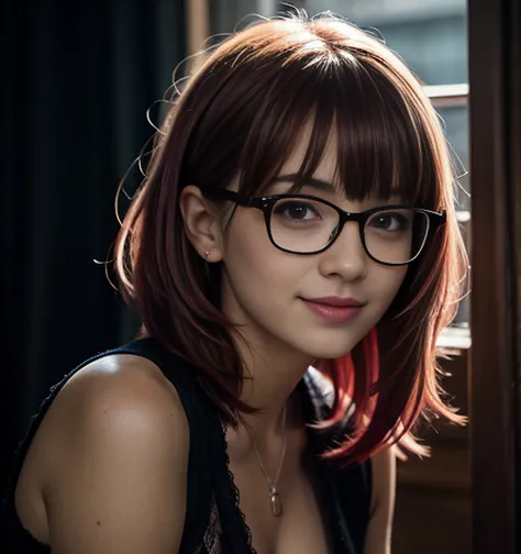 (Realistic),masterpiece,best quality,cinematic lighting,natural shadow,looking at viewer,Worms Eye View,edgCorset,1girl,photo of a cute girl,full body,light smile,charming,20yo,glasses,Side-swept bangs Hair.Hair between eyes,Hot pink hair,Lace-up,Inlay,Raw...