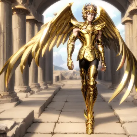 <lora:SagittariusArmor:0.7>, masterpiece, best quality, masterpiece, detailed face, detailed eyes, full body, 1boy, wearing golden armor, long metallic wings, walking on the ancient greek fields