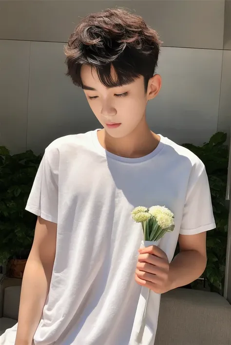 best quality, masterpiece, 1boy,wulie,white shirt,realistic, holding flower,   white t-shirt,  <lora:小鲜肉V1.1:0.9>
