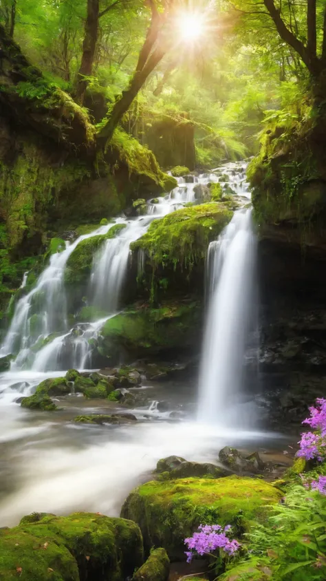 waterfall , wild flowers, rocks and light