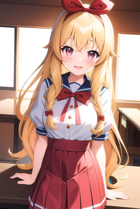 cute anime girl Long curly blonde hair in a school uniform.