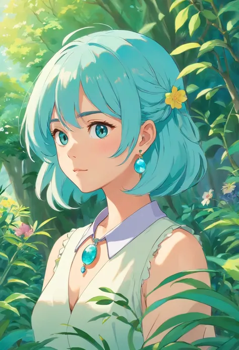 a girl wearing an anime collar, a long necklace and earrings, in the style of tranquil gardenscapes, colorful animation stills, masami teraoka, aquamarine, paul gauguin, Embry style, honest portrayal