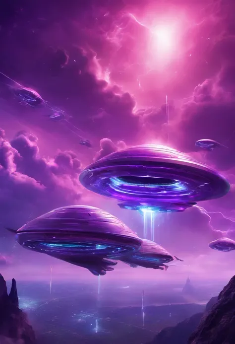 Futuristic alien spaceships flying abovethe clouds, dark sky, purple lighting, rain,lightning, hyper realistic, highly detailed,8k