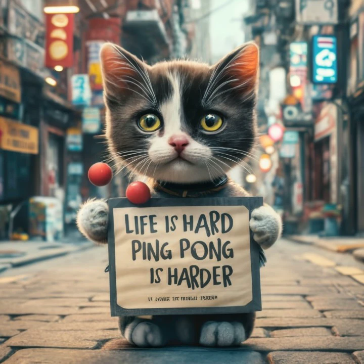 a cute copy cat holding poster about pingpong or table tennis