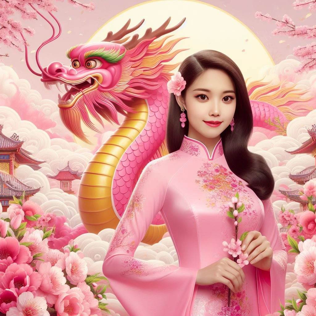 Asian girl wearing ao dai to celebrate Vietnamese traditional Tet