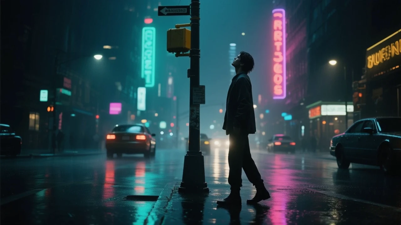 一個孤獨的角色在雨中行走