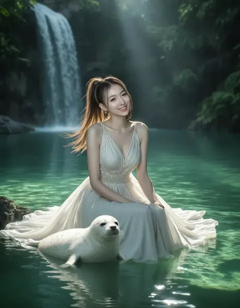 翡翠瀑布旁的女士