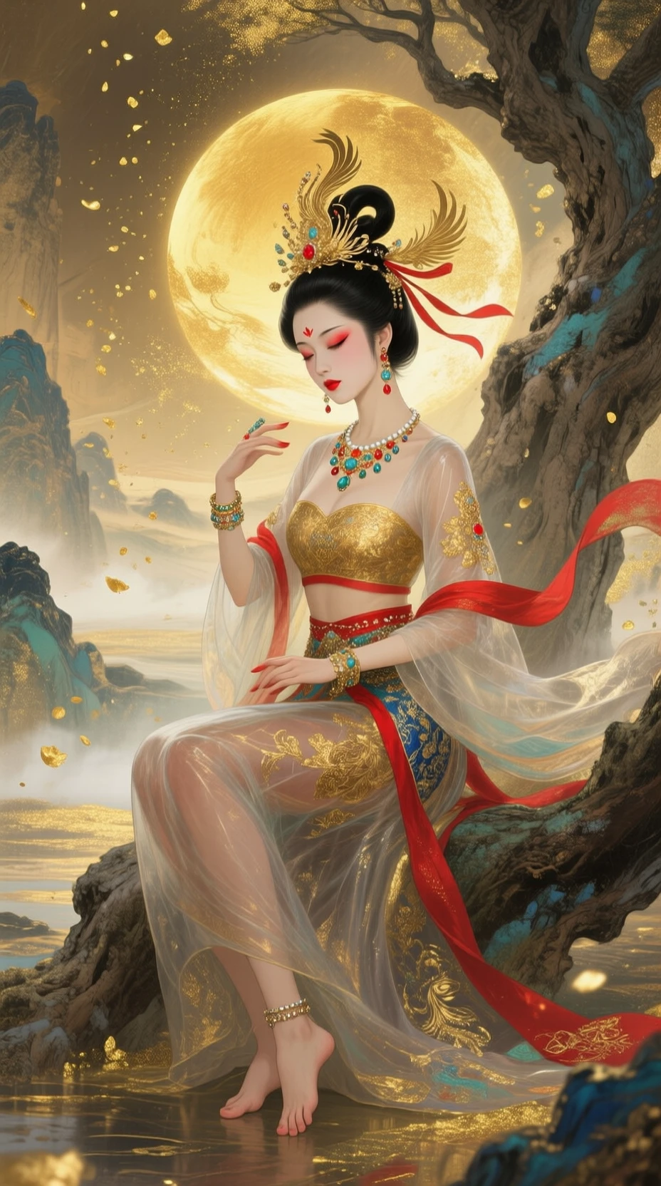 QWEN gold leaf rock painting style illustration V1