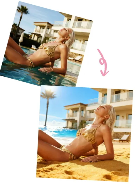 Beach scene bikini photo with AI background