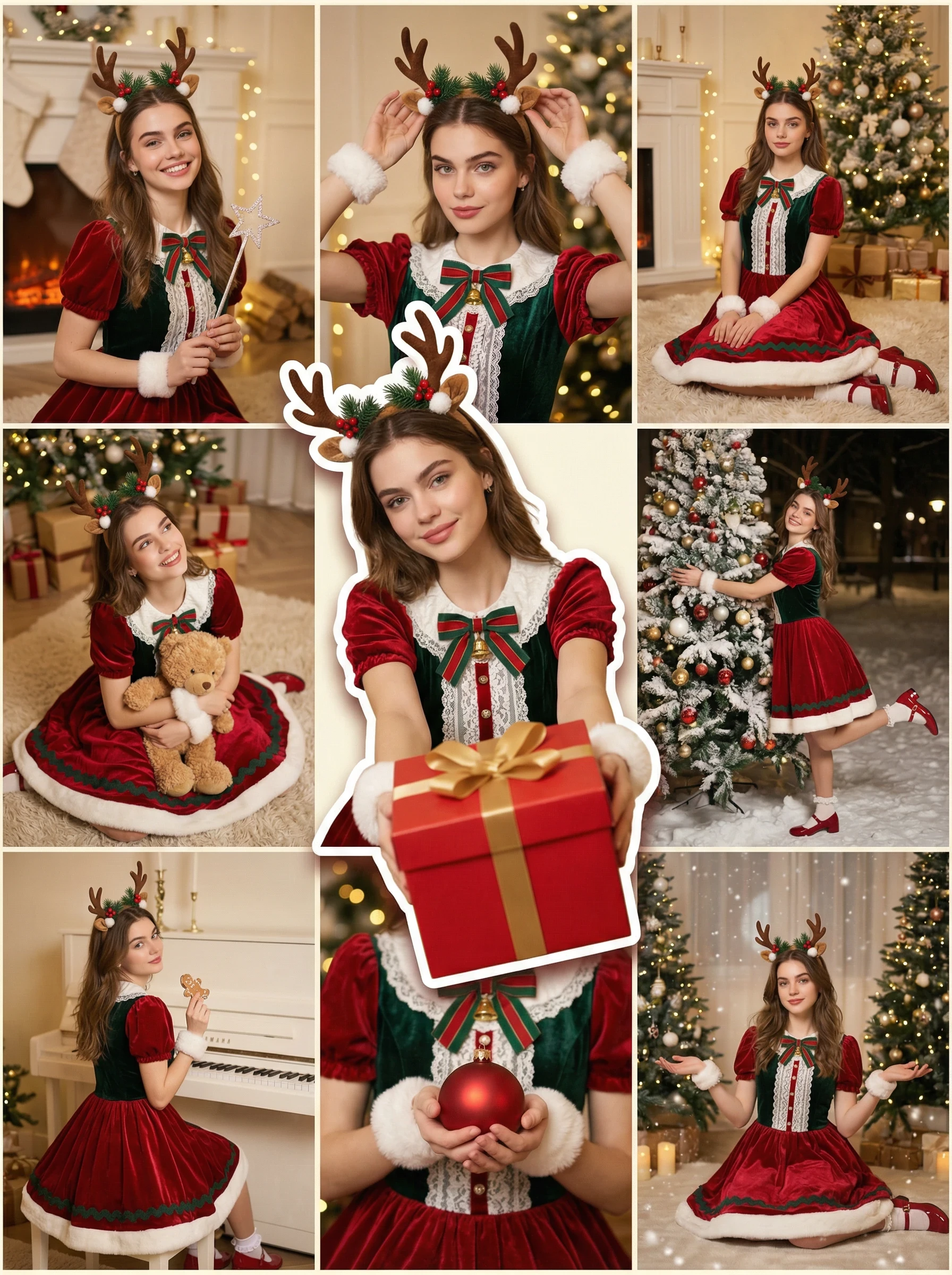 上传一张女孩的照片，生成她的圣诞装扮九宫格效果，其中一张出现3D Pop-out 效果