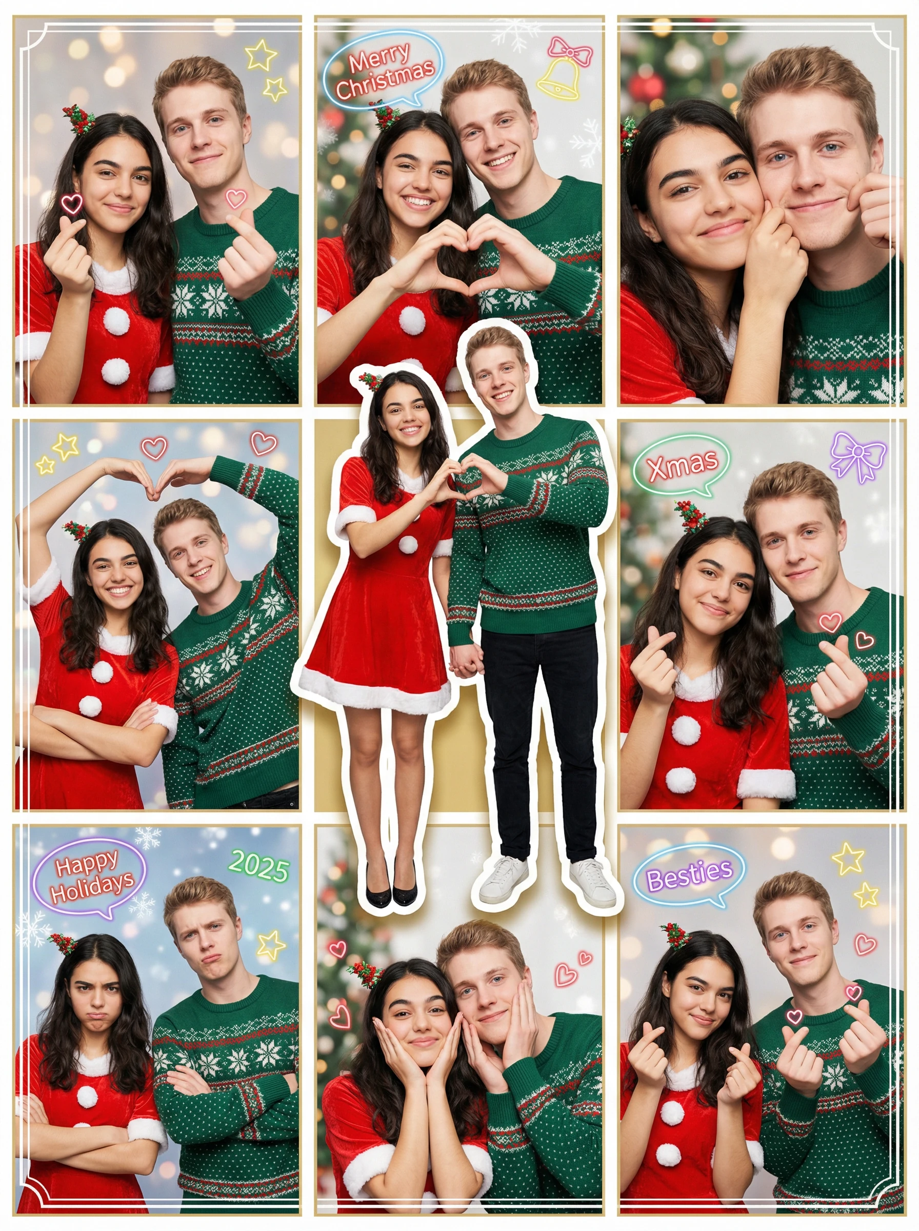 上传两张照片，生成圣诞风格的九宫格大头贴，其中一张出现3D Pop-out 效果