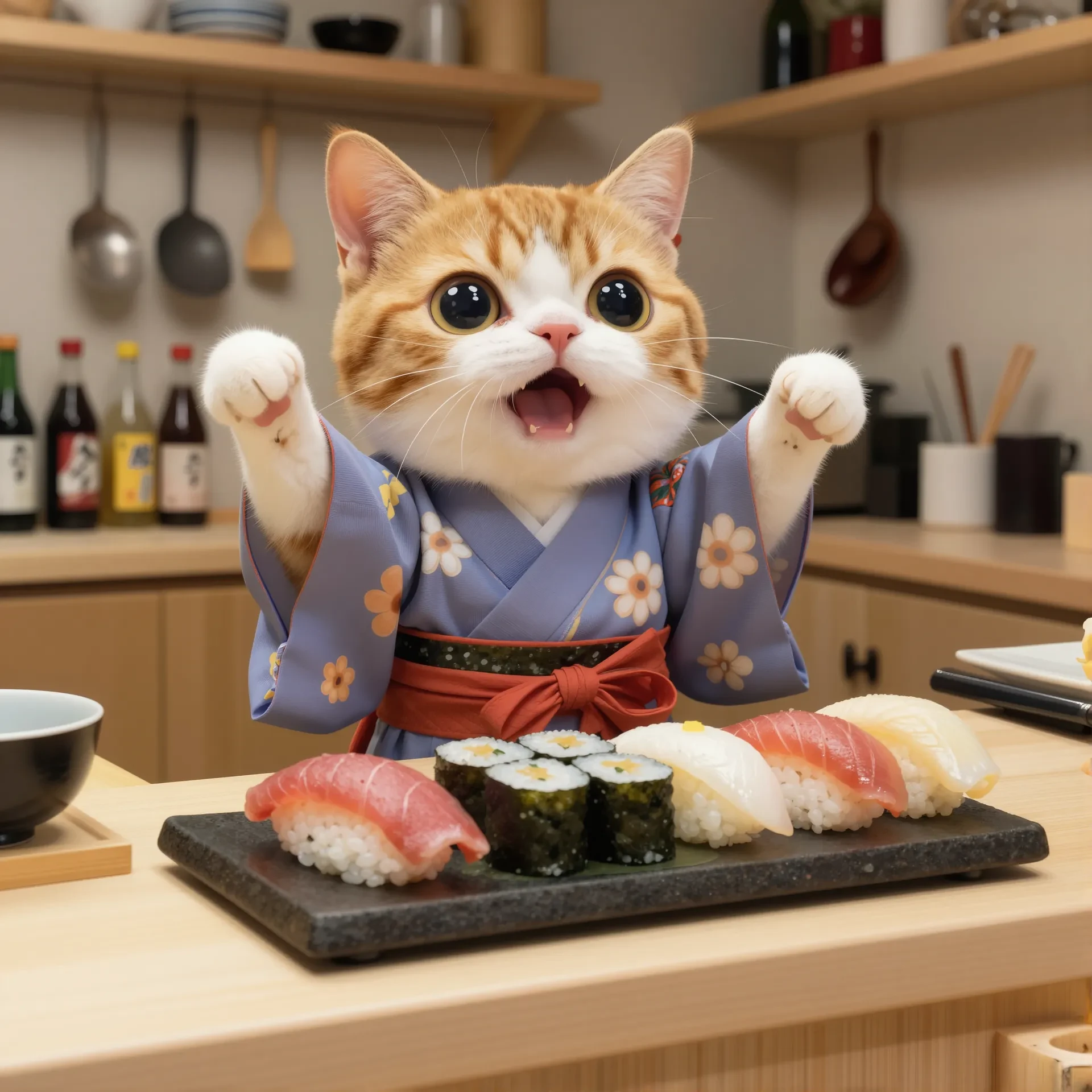 Cute Anthropomorphic Cat in Japanese Kimono