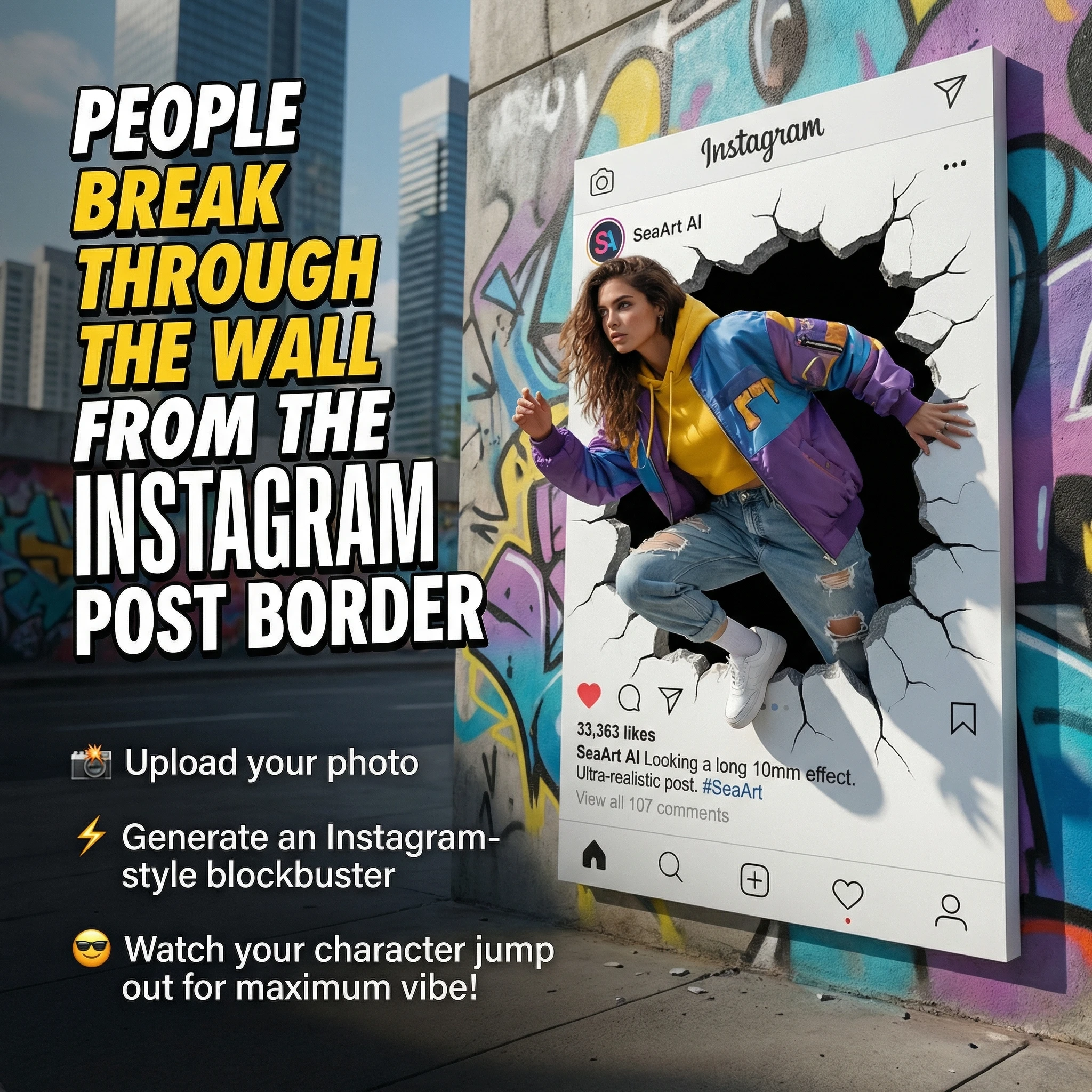 People break through the wall from the Instagram post border