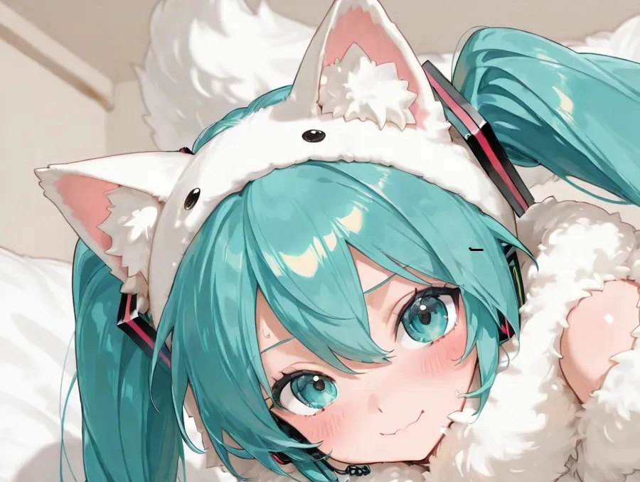 A very cute and fragile Hatsune Miku in a fluffy cat cosplay outfit