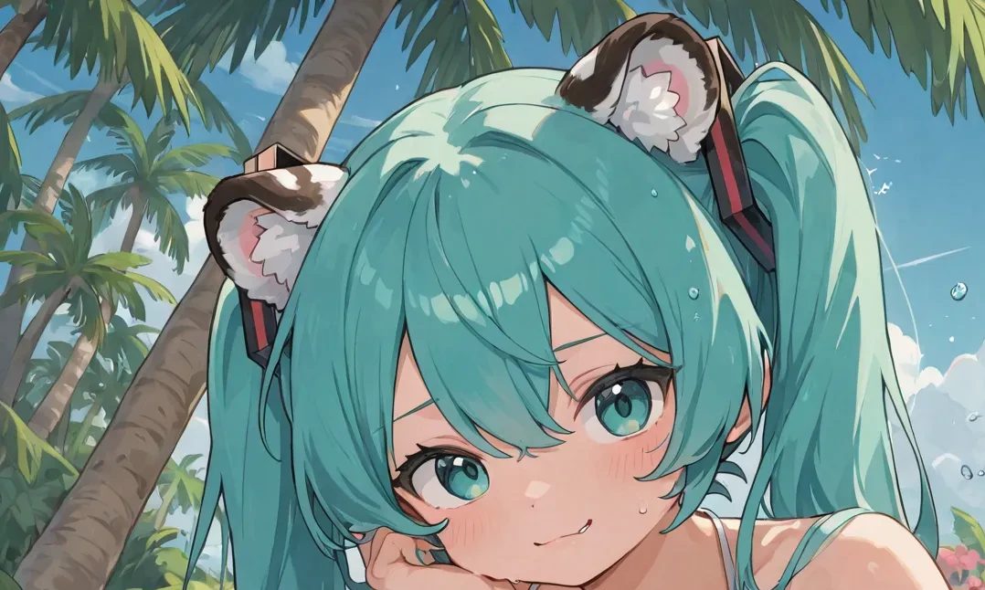 A very cute and graceful Hatsune Miku on a tropical island, next to a huge cute 